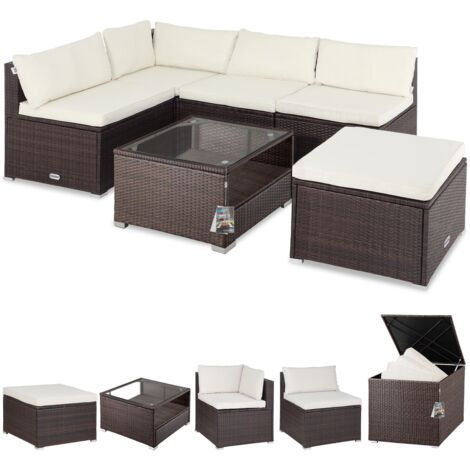 CASARIA® Garden Rattan Lounge Furniture Set inc. 318L Weatherproof Cushion Box  with Table Cushions Stool Sofa  Outdoor Patio 5 Person Seating Group  Polyrattan  Brown