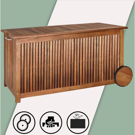CASARIA® Gartenbox Holz 350L Deckel 160kg belastbar Räder Griff Innenplane Ablaufkante Garten Stauraum Box Auflagenbox Akazie Wetterfest 117x52cm