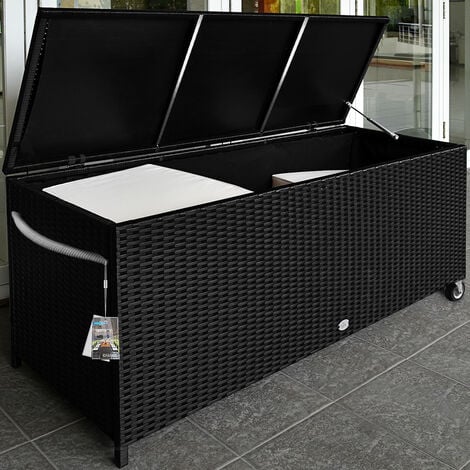 CASARIA® Gartenbox Polyrattan Wetterfest 400L UV-beständig Rollen Gasdruckfeder Garten Wintergarten Auflagenbox Kissenbox 118x55cm Stauraum Schwarz