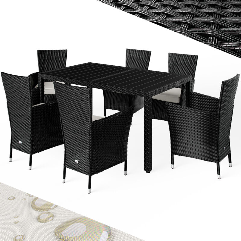 Casaria Gartenmöbel Polyrattan 6 Stühle Stapelbar 150x90cm Gartentisch Wpc Holz Wetterfest Outdoor Terrasse Sitzgruppe Essgruppe Garnitur Set Schwarz -
