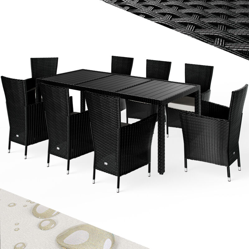 Ensemble salon de jardin 9 pièces polyrotin noir set 1 table + 8 chaises avec coussins bar de jardin exterieur - Casaria