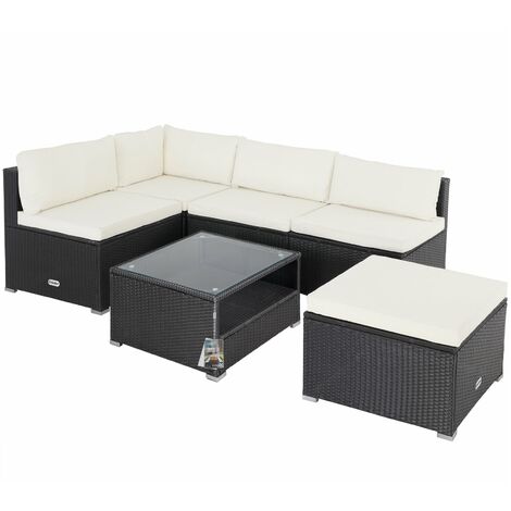 CASARIA® Gartenmöbel Lounge Set Wetterfest 5 Personen Polyrattan Sicherheitsglas Tisch Outdoor Sitzkissen Terrassenmöbel Eck Sofa schwarz/creme