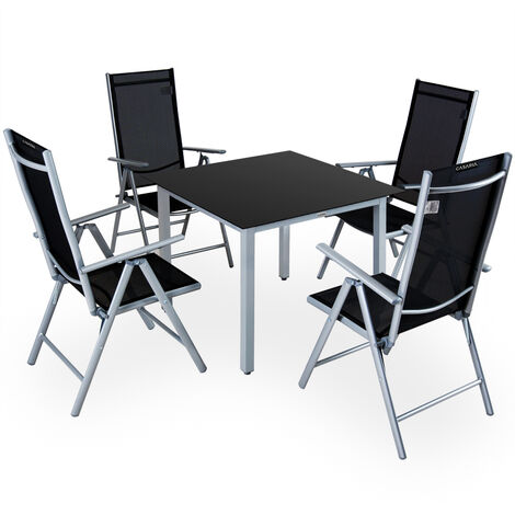 CASARIA® Gartenmöbel Set 4 Stühle mit Tisch 90x90cm Aluminium Sicherheitsglas Wetterfest Klappbar Modern Terrasse Balkon Möbel Sitzgruppe Garnitur Bern silber