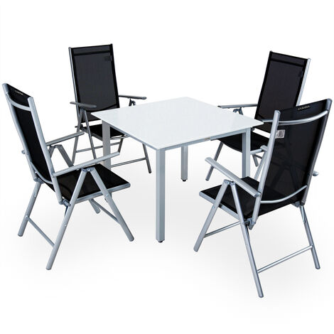 CASARIA® Gartenmöbel Set 4 Stühle mit Tisch 90x90cm Aluminium Sicherheitsglas Wetterfest Klappbar Modern Terrasse Balkon Möbel Sitzgruppe Garnitur Bern  silber