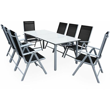 CASARIA® Gartenmöbel Set 8 Stühle mit Tisch 190x90cm Aluminium Sicherheitsglas Wetterfest Klappbar Modern Terrasse Balkon Möbel Sitzgruppe Garnitur Bern  silber