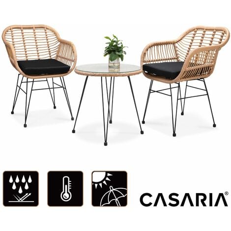 CASARIA® Gartenmöbel Tisch 2 Stühle Auflagen Rattan-Optik 3-teilig Sicherheitsglas Wetterfest Outdoor Klein Terrasse Balkon Bistro Möbel Lounge Set