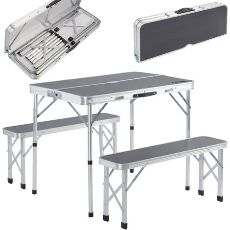 CASARIA® Klapptisch Wetterfest Höhenverstellbar Campingtisch mit Bänken Gartentisch Falttisch 120x60cm Klappbar leicht transportabel 4 Personen Grau