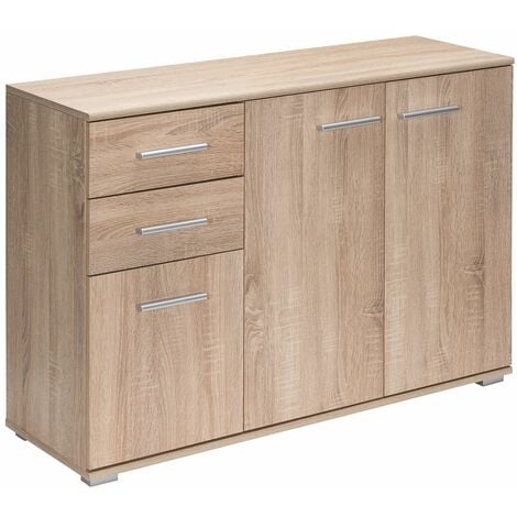 CASARIA® Kommode mit 3 Türen 2 Schubladen 107x75x35cm Holz Modern spiegelbarer Aufbau Schlafzimmer Büro Flur Mehrzweckschrank Aktenschrank Schrank  eiche