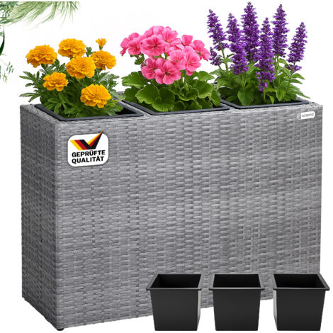 CASARIA® Large Tall Rattan Flower Pot Planter  3 Removable Inner Plant Pots With Water Drain  Poly Rattan Trough Flower Box Planters Outdoor Garden  83x30.5x60 cm  Grey
