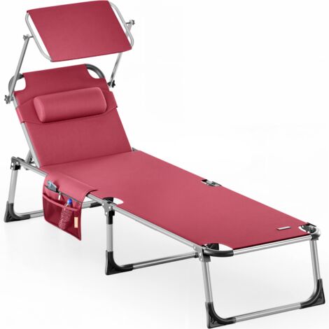 CASARIA® Malta Folding Aluminium Garden Sun Lounger with Canopy Shade  210cm 180kg Capacity  Beach Patio Recliner Leisure Sunbed With Plastic Feet & Textile Cover  Red
