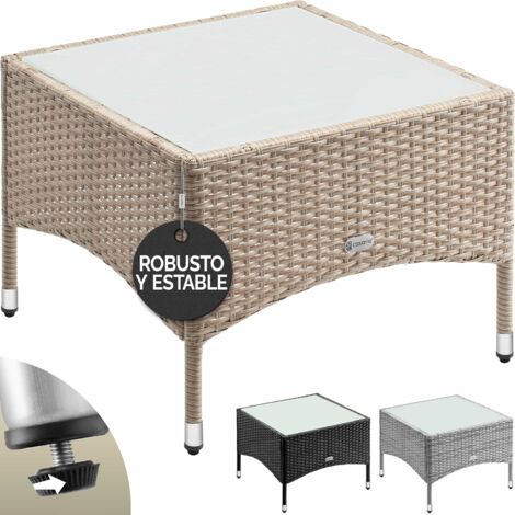 CASARIA® Mesa Auxiliar Poliratan Resistente a la intemperie Altura Ajustable Exterior Tapa de cristal 80kg de capacidad de carga Jardín Balcón Terraza Mesa de salón M2 - 58x58x42cm (de)