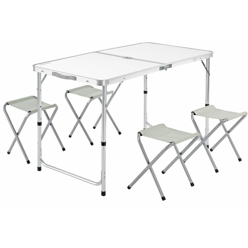 

Mesa de aluminio plegable XXL 4 taburetes plegables función de maleta Camping transporte fácil Gris/Blanco jardín Blanco - Blanco - Casaria