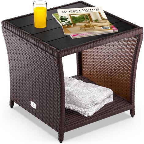CASARIA® Mesita Auxiliar de Poliratán con tablero WPC 45x45x40cm Mesa Balcón Terraza Mueble de Jardín Altura Ajustable Marrón