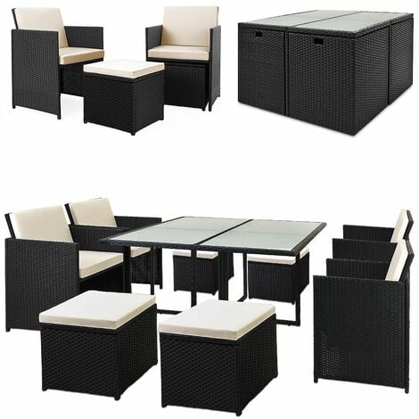 Casaria Poly Rattan 9 tlg Sitzgruppe Cube 4 Stühle 4 Hocker Auflagen & Kissen Tisch 120x120cm Platzsparend Gartenmöbel Set