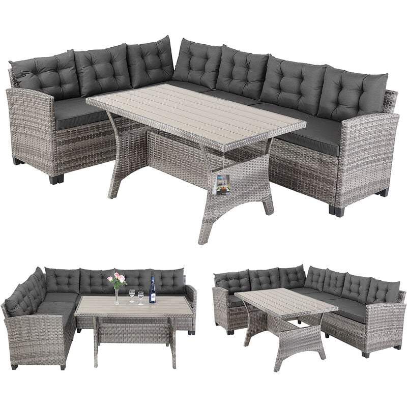 Poly Rattan Ecklounge Lissabon WPC Tisch Auflagen Garten Sitzgruppe Lounge Gartenmöbel Set Grau - Casaria