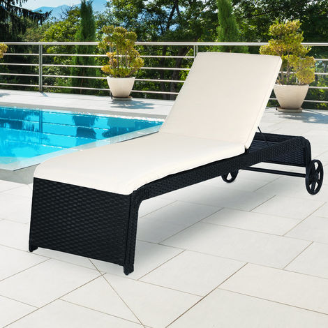main image of "Casaria Poly Rattan Garden Furniture Sun Lounger Outdoor Patio Day Bed Recliner Terrace Black Wicker Cushion and Castors"