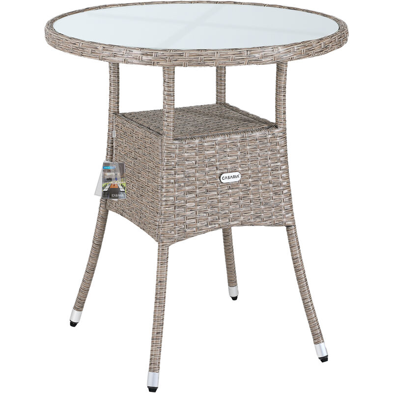 Poly Rattan Garden Side Table Patio Balcony Ø60cm Round Frosted Glass Outdoor Furniture Grey Beige - Casaria