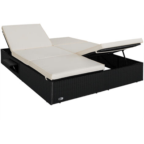 Casaria Poly Rattan Gartenliege Doppelliege für 2 Personen 7cm dicke Auflage verstellbare Lehnen 2 Klapptische 1,6m Sonnenliege Liege schwarz