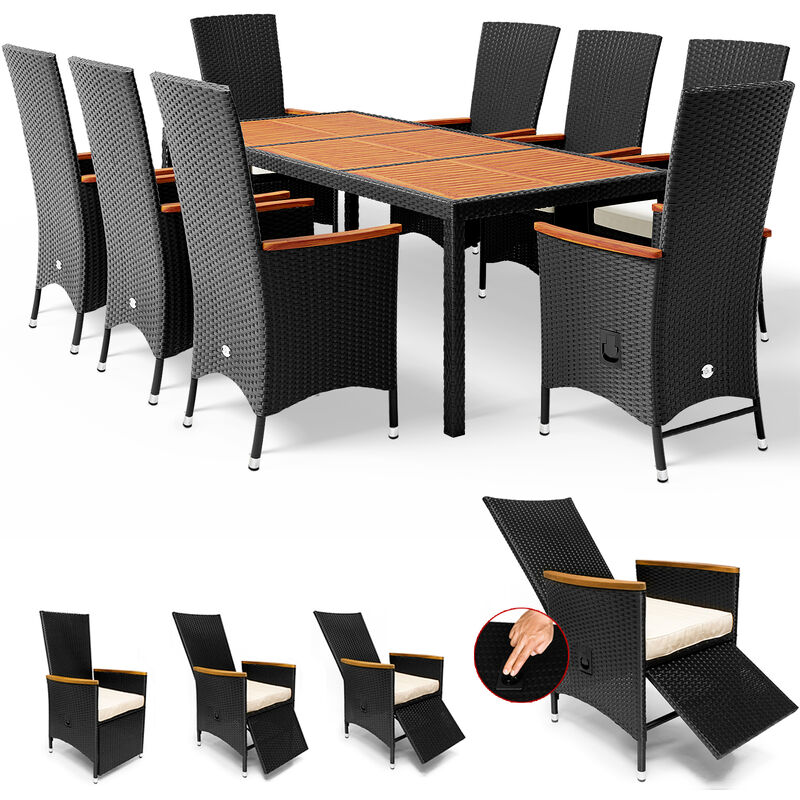 Casaria - Poly Rattan Sitzgruppe 8 Stühle Neigbare Fuß- und Rückenlehne 7cm Auflagen Tisch 190x90 cm Akazie Holz Gartenmöbel Set