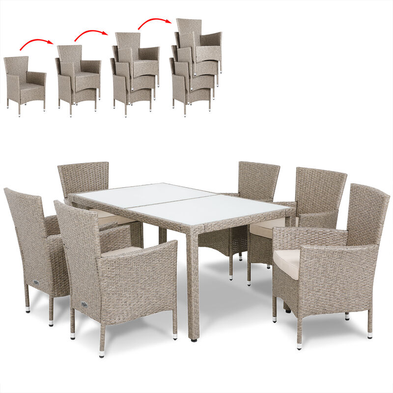 Casaria - Poly Rattan Sitzgruppe Florenz 6 Gartenstühle Stapelbar 7cm Auflagen Tisch 150x90cm Garten Gartenmöbel Set Grau Beige