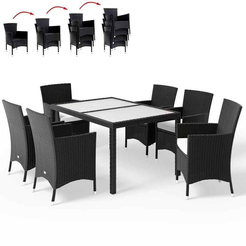 Casaria - Poly Rattan Sitzgruppe Mailand 6 Gartenstühle Stapelbar 7cm Auflagen Tisch 150x90cm Garten Gartenmöbel Set Schwarz