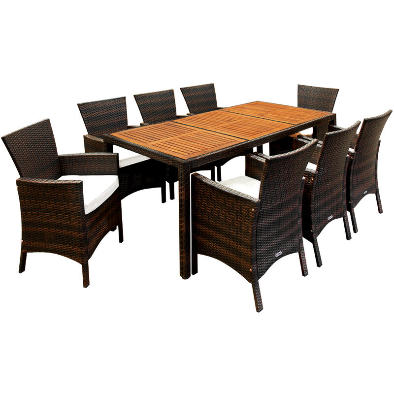 Casaria Poly Rattan Sitzgruppe Palermo 8 Breite Stühle 7cm Auflagen Gartentisch 190x90cm Akazie Holz Gartenmöbel Set Braun