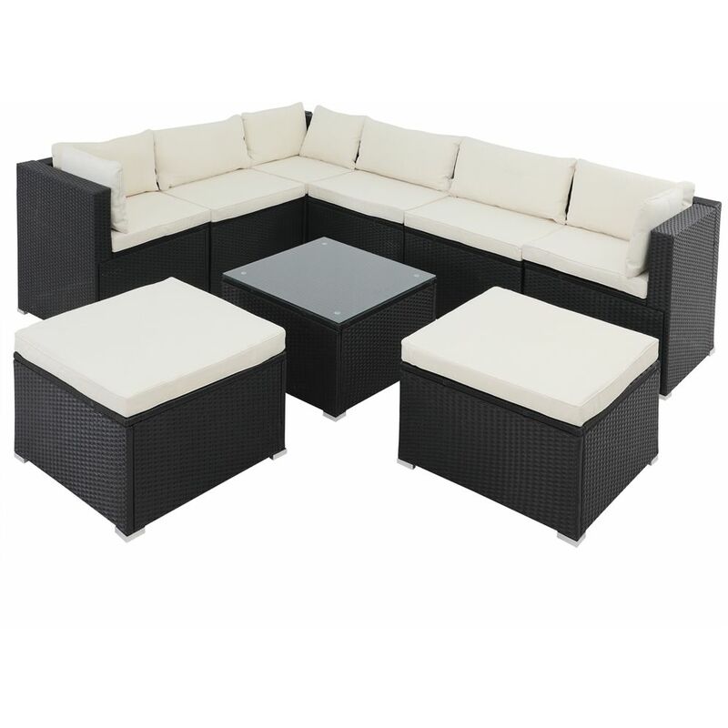 Poly Rattan XXL Lounge Set mit dicken Auflagen & Kissen + 2 Hocker Sitzgruppe Gartenlounge Gartenmöbel Set schwarz/creme - Casaria