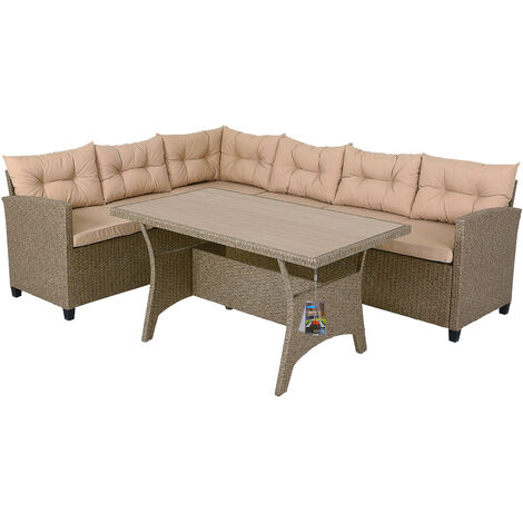 Casaria Polyrattan Ecklounge WPC Esstisch Eckbank 15cm Kissen 7cm Auflagen Wetterfest Outdoor Garten Balkon Sitzgruppe Lounge Gartenmöbel Set Creme