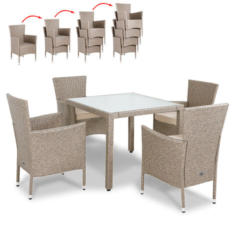 Casaria Polyrattan Sitzgruppe 4 stapelbare Stühle 7cm Auflagen 90 x 90 cm Gartentisch Wetterfest Garten Balkon Sitzgarnitur Gartenmöbel Set Beige Grau