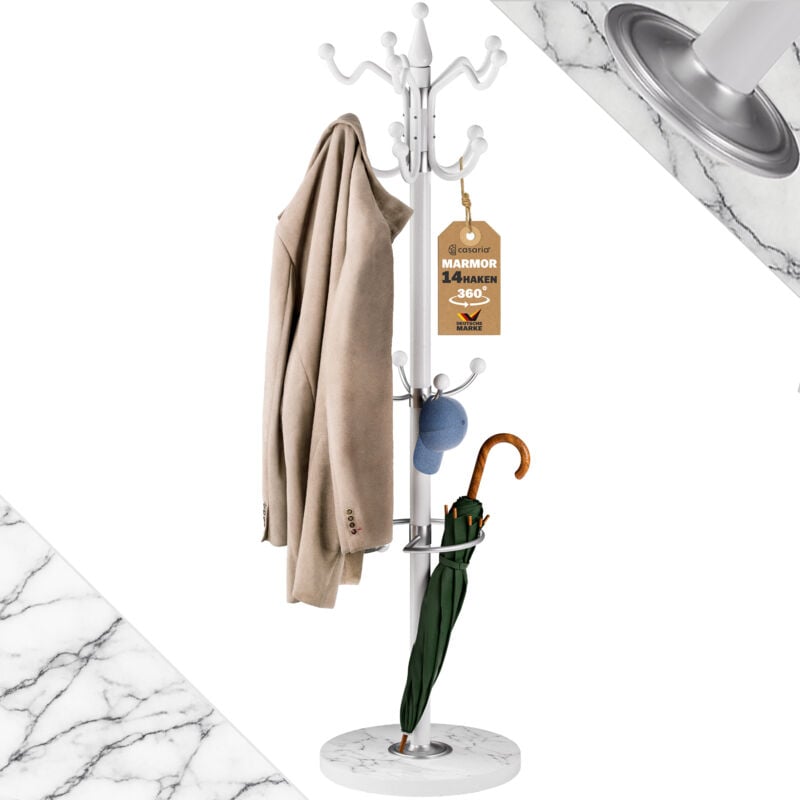 Casaria - Porte-manteau avec socle en marbre 14 crochets 37x37x175cm portemanteau sur pieds stable tête pivotante entrée Blanc