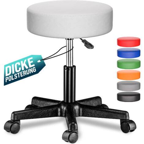 CASARIA® Rollhocker Höhenverstellbar 10cm Polsterung 46-60cm Sitzhöhe 360° drehbar Ø35cm rund Rollen Bürohocker Drehhocker Arbeitshocker Hocker  weiß