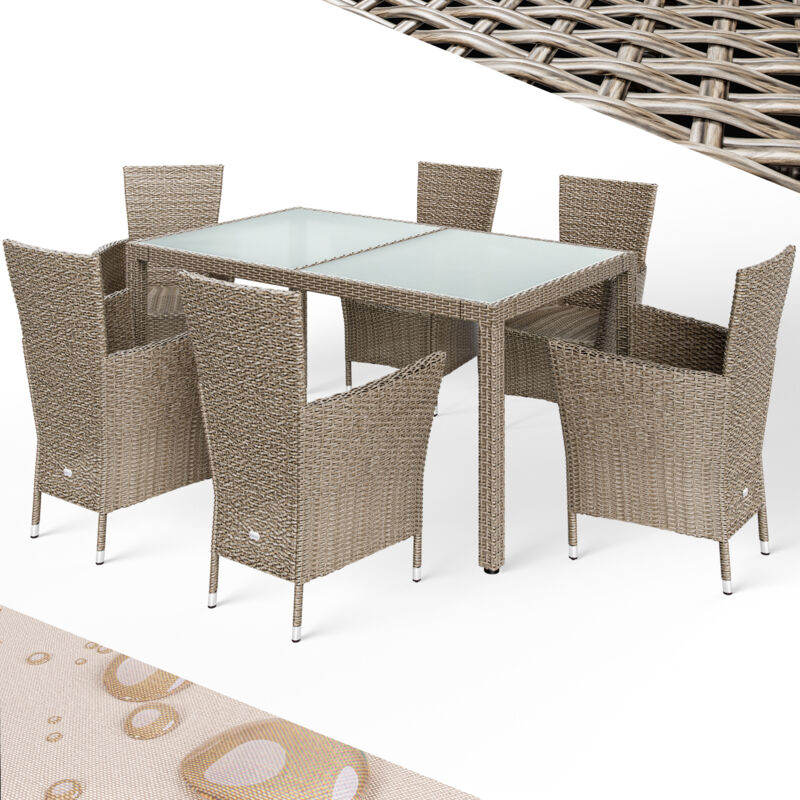 Salon de jardin 6 places table de jardin chaises empilables avec coussins plateau de table en verre trempé Cream (en) - Casaria