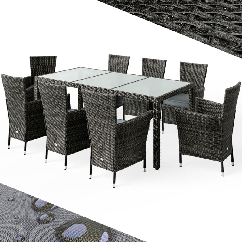 Salon de jardin 8 places table de jardin chaises empilables avec coussins plateau de table en verre opale Gris - Casaria