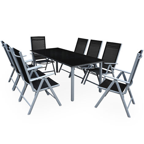 Casaria – Ensemble table et 8 chaises de jardin en aluminium argent – Chaises pliables à dossier haut – Table 190x90cm en verre de sécurité