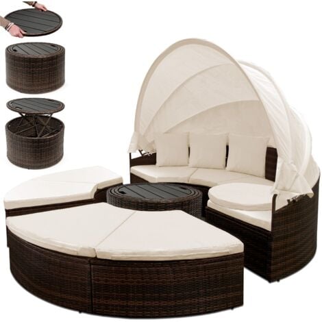CASARIA® Salon de jardin rond Ø185 cm ensemble ovale en polyrotin avec coussins et pare-soleil bain de soleil extérieur  Brun