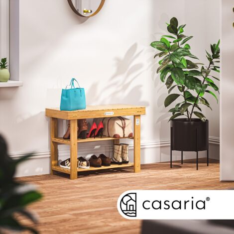 CASARIA® Scarpiera con Panchina in Legno Massiccio Acacia con Capacità di Carico di 160 kg Certificata FSC® a 3 livelli Panca da Bagno Corridoio Marrone L - 70x30x46cm (de)