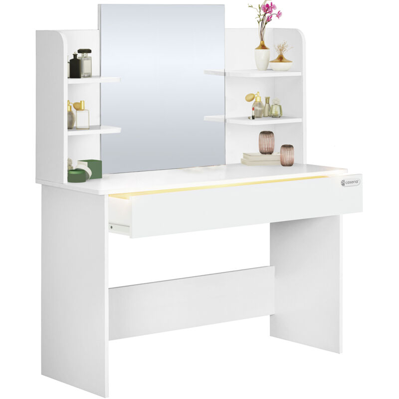 Casaria Schminktisch Lucia 140x110x40cm Spiegel Schublade Led Beleuchtung 3 Fächer Ablagen Schlafzimmer Frisiertisch Schminkkommode Make-up Holz Weiß