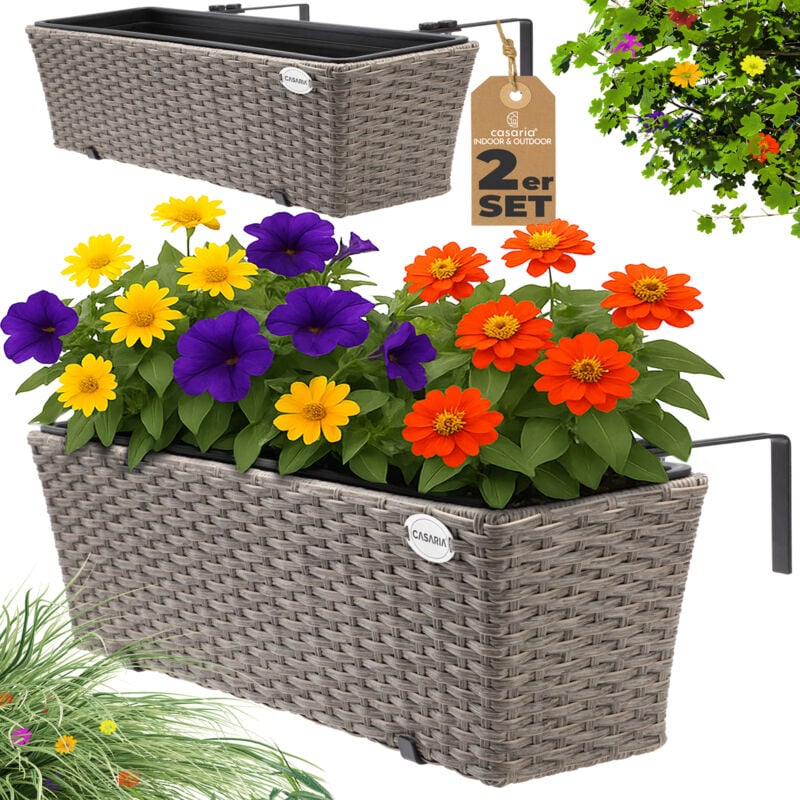 

Casaria Set de 2x Maceteros de poliratán para balcón terraza exterior con soporte de acero galvanizado 60x20x19cm Crema - Crema
