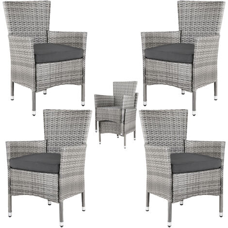 Casaria® Set de 4 chaises en polyrotin avec coussin d'assise 7cm charge max 160kg assise fauteuil jardin balcon terrasse   Gris