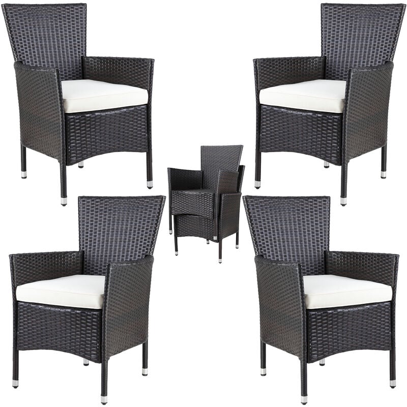 Set de 4 chaises en polyrotin avec coussin d'assise 7cm charge max 160kg assise fauteuil jardin balcon terrasse Brun - Casaria