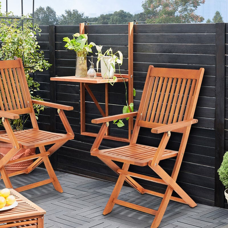Set de balcon 3 pièces en bois d'Acacia 1 table suspendue et chaises pliable 65x45x87cm certifié fsc salon de jardin - Casaria