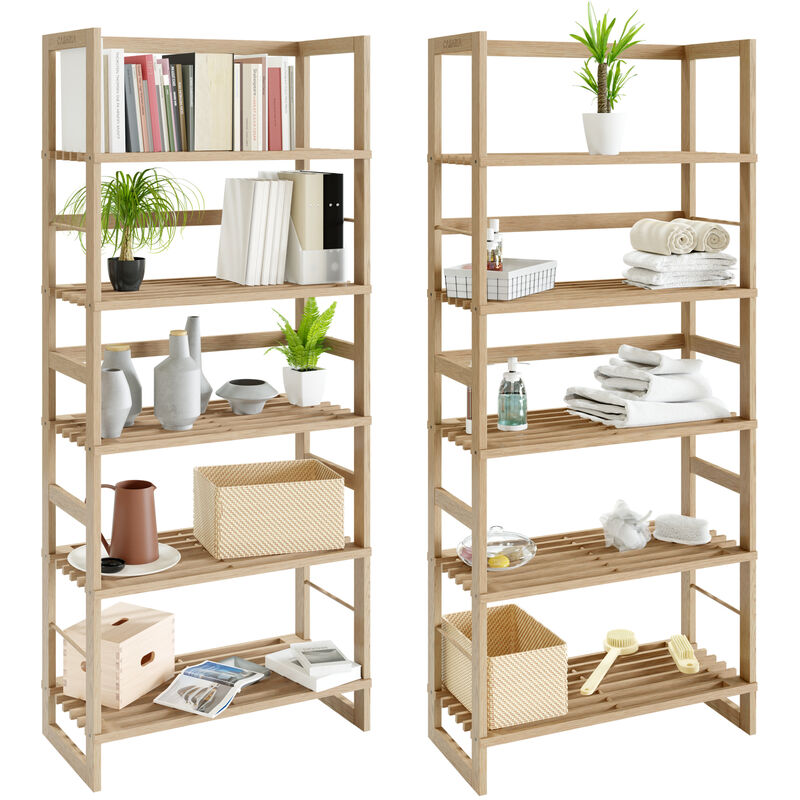 Set di 2 Scaffale in Legno 135,5 x 58 x 27 cm 5 Scaffali mensola in legno mobile salvaspazio caricabile bagno cucina - Casaria