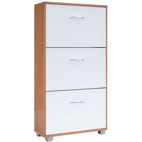 CASARIA® Shoe Storage Cabinet Rack  3 Doors  Modern Wooden Cupboard  Organiser For Shoes Toys Clothes Footwear Books  Perfect for Narrow Hallways  115x60x24cm  Oak & White
