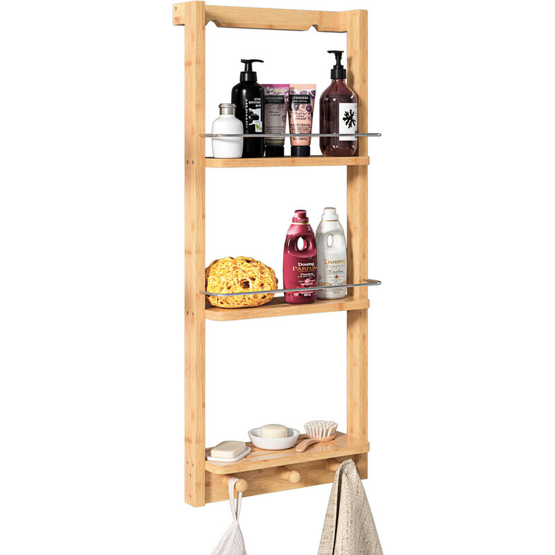 Shower Shelf Bamboo Hanging Shelves Organizer Caddy 3 Tiers Storage 70x28,5x10 cm - Casaria