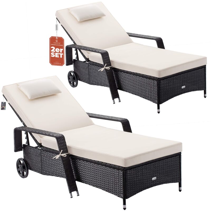 Bain de soleil en poly rotin, lot de 2, noir/crème 193x90x43cm