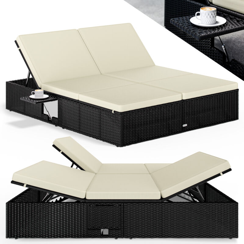 Casaria® Sonnenliege 2 Personen Mit Klapptisch 7cm Auflagen Wetterfest Gartenliege 220kg Belastbar Liegestuhl Verstellbar 200x160cm Schwarz Creme