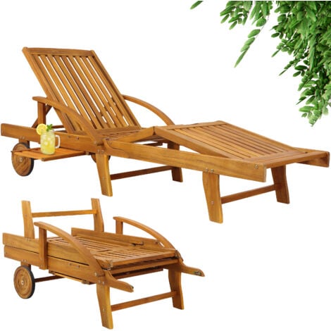Casaria® Sonnenliege Klappbar Wetterfest Holz Gartenliege 160kg Belastbar mit 2 Räder Ablage Tisch Liegestuhl Verstellbare Rücken- Fußlehne Garten 196cm
