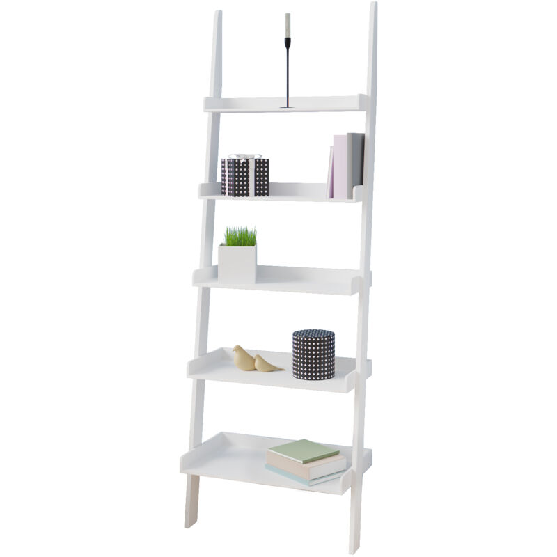 Standing Shelf Ladder 180cm White 5 Tier Modern Wood Staircase Bookcase Bathroom Step Shelves Storage Leaning - White - Casaria