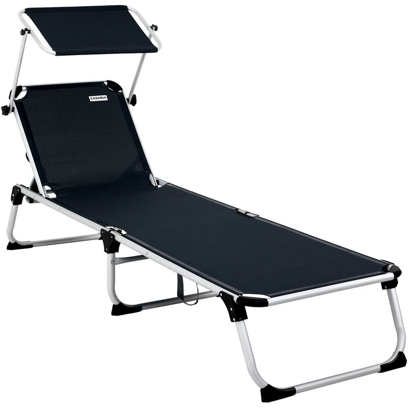 Casaria - Malta Folding Aluminium Garden Sun Lounger with Canopy Shade 210cm 150kg Capacity Beach Patio Recliner Leisure Sunbed With Plastic Feet &