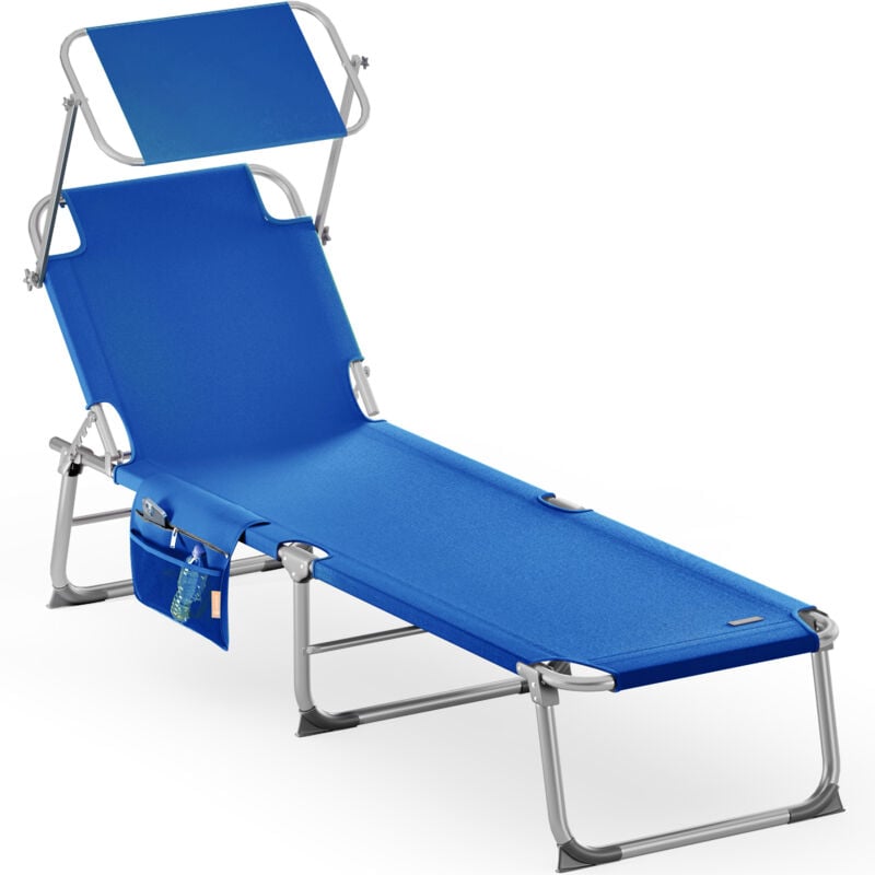 Ibiza Folding Sun Lounger with Adjustable Canopy Weatherproof Aluminium Frame Carrying Handle 190x59x29cm 150kg Capacity Garden Beach Shade Bed